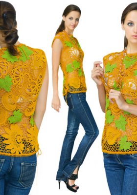 Irish lace blouse mustard-colored withgreen leaves